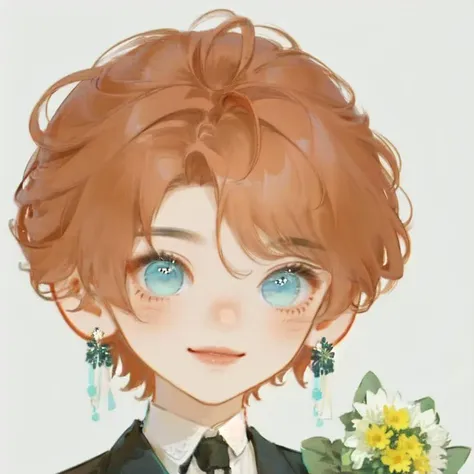 WW_Q, chibi,1boy, aqua eyes, bangs, blue eyes, blush, bouquet, buttons, daisy, earrings, floral background, flower, holding, holding bouquet, holding flower, jewelry, lily \(flower\), looking at viewer, male focus, neck tattoo, orange hair, shirt, simple background, sketch, smile, solo, upper body, white background, white flower, yellow flower, short hair, red hair