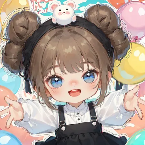 WW_Q, chibi,1girl, :3, :d, = =, angora rabbit, animal, animal bag, animal on head, bangs, bear, bird, black skirt, blush, brown hair, bunny, clothed animal, cow, creature, double bun, dress, ghost, hair bun, hair rings, hair up, hamster, jewelry, long sleeves, mouse, mouse ears, on head, open mouth, outline, outstretched arms, panda, pig, pokemon \(creature\), puffy sleeves, sheep, shirt, side bun, sidelocks, skirt, smile, snowman, solid circle eyes, stuffed animal, stuffed bunny, stuffed toy, suspender skirt, suspenders, teddy bear, teeth, twitter username, upper teeth, virtual youtuber, white outline, white shirt, kero, kirby, manjuu \(azur lane\), medjed \(fate\), monokuma, moogle, tippy \(gochiusa\), solo, looking at viewer, blue eyes, sleeveless, signature, black dress, bracelet, sleeveless dress, upper teeth only, light brown hair, puffy long sleeves, pinafore dress, balloon