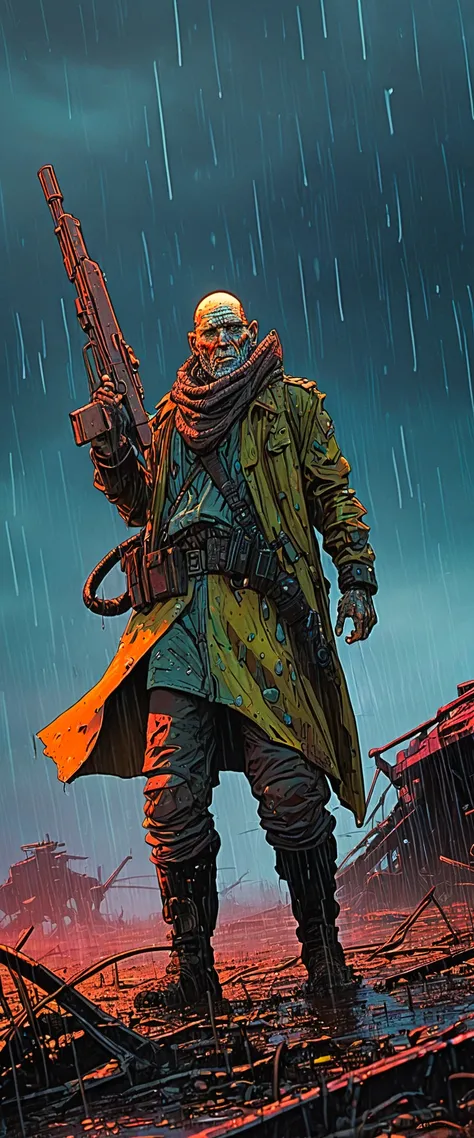 moebius inspired metal hurlant art Scavengers armed with lasguns in a neon-lit war zone, rain pouring down, muddy terrain, tense expressions, rigid, alert., <lora:lasgunXLLoRAv1:0.7>, the contrast in colors and textures should be distinct vibrant yet slightly desaturated,retro-futuristic,sense of motion