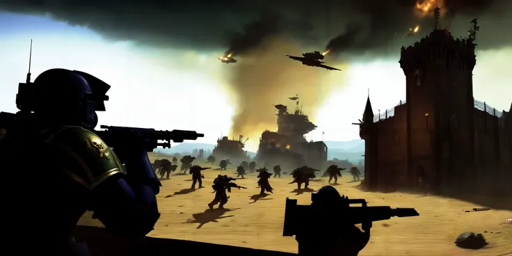 Generate a stunning art style, a true [masterpiece] [best quality] of art. The image showcases [detailed linework], [dynamic shading], and [dramatic lighting], bringing to life a [dreading atmosphere, grim dark coloures] . In the background a [battlefield,  gothic city, warhammer 40k] is to be seen in [grand:1.8, high-scale:1.8, panorama:1.8] from [from below]. A astra militarum, solo:1.3 is [full body view:1.5, standing,  from above . She  is holding a [lasgun in her righthand, holding rilfe]. It is wearing a [full armour].
<lora:lasgunXLLoRAv1:0.7>