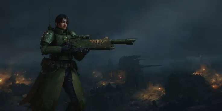 Generate a stunning art style, a true [masterpiece] [best quality] of art. The image showcases [detailed linework], [dynamic shading], and [dramatic lighting], bringing to life a [dreading atmosphere, grim dark coloures] . In the background a [battlefield,  gothic city, warhammer 40k] is to be seen in [grand:1.8, high-scale:1.8, panorama:1.8] from [from below]. A astra militarum, solo:1.3 is [full body view:1.5, standing,  from above . She  is holding a [lasgun in her righthand, holding rilfe]. It is wearing a [full armour].
<lora:lasgunXLLoRAv1:1>