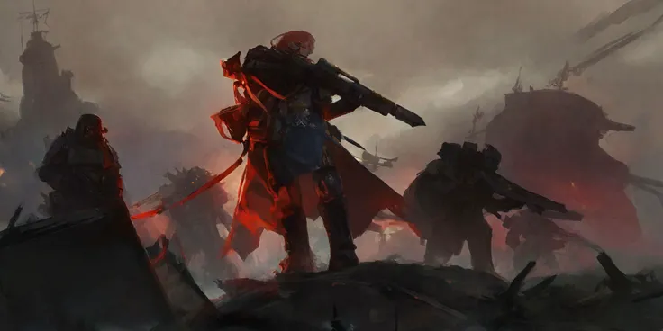 Generate a stunning art style, a true [masterpiece] [best quality] of art. The image showcases [detailed linework], [dynamic shading], and [dramatic lighting], bringing to life a [dreading atmosphere, grim dark coloures] . In the background a [battlefield,  gothic city, warhammer 40k] is to be seen in [grand:1.8, high-scale:1.8, panorama:1.8] from [from below]. A astra militarum, solo:1.3 is [full body view:1.5, standing,  from above . She  is holding a [lasgun in her righthand, holding rilfe]. It is wearing a [full armour].
<lora:lasgunXLLoRAv1:1>