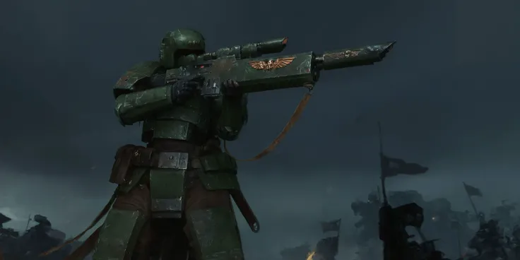 Generate a stunning art style, a true [masterpiece] [best quality] of art. The image showcases [detailed linework], [dynamic shading], and [dramatic lighting], bringing to life a [dreading atmosphere, grim dark coloures] . In the background a [battlefield,  gothic city, warhammer 40k] is to be seen in [grand:1.8, high-scale:1.8, panorama:1.8] from [from below]. A astra militarum, solo:1.3 is [full body view:1.5, standing,  from above . She  is holding a [lasgun in her righthand, holding rilfe]. It is wearing a [full armour].
<lora:lasgunXLLoRAv1:1>