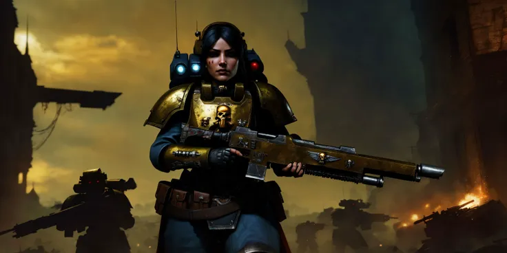 Generate a stunning art style, a true [masterpiece] [best quality] of art. The image showcases [detailed linework], [dynamic shading], and [dramatic lighting], bringing to life a [dreading atmosphere, grim dark coloures] . In the background a [battlefield,  gothic city, warhammer 40k] is to be seen in [grand:1.8, high-scale:1.8, panorama:1.8] from [from below]. A astra militarum, solo:1.3 is [full body view:1.5, standing,  from above . She  is holding a [lasgun in her righthand, holding rilfe]. It is wearing a [full armour].
<lora:lasgunXLLoRAv1:0.7>