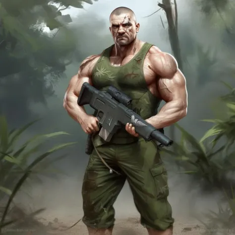 burly man wearing a tank top and camouflage pants, lasgun, holding gun, rifle, detailed background, shaved, strong jaw jungle, high quality, masterpiece, 1boy,  <lora:lasgunlorav1-000025:0.9>, digital painting, dirty, dusty, scar, (muscular:2.0), military uniform, damaged, sleeveless, rambo, bara
