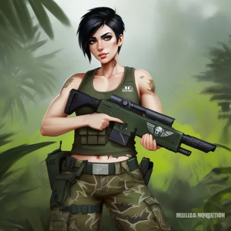 woman wearing a tank top and camouflage pants, lasgun, holding gun, rifle, detailed background, short hair, black hair, jungle, high quality, masterpiece, 1girl,  <lora:lasgunlorav1-000025:0.9>, digital painting, dirty, dusty, scar, (muscular female:1.8), military uniform, damaged, sleeveless