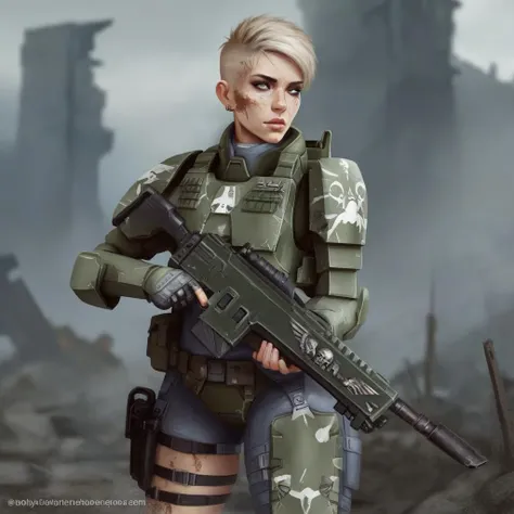 woman wearing bodysuit, lasgun, holding gun, rifle, detailed background, short hair, undercut, ruins, high quality, masterpiece, 1girl,  <lora:lasgunlorav1-000025:0.9>, armor, digital painting, dirty, dusty, layered, scar, muscular female, military uniform, pants, camouflage, damaged