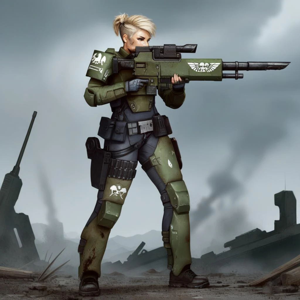 woman wearing bodysuit, lasgun, holding gun, rifle, detailed background, short hair, undercut, ruins, high quality, masterpiece, 1girl, <lora:lasgunlorav1-000025:0.9>, armor, digital painting, dirty, dusty, layered, scar, muscular female, military uniform, pants,