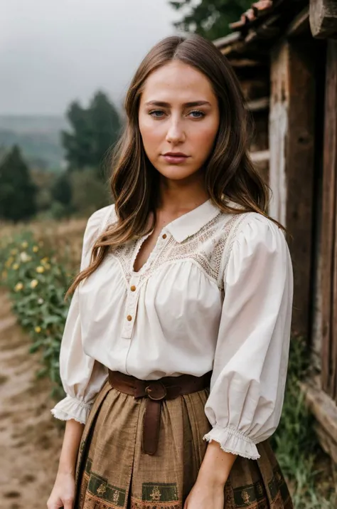 A stunning intricate full color picture of a beautiful woman, Medieval peasant blouse and skirt in an old village, portait, epic character composition,by ilya kuvshinov, alessio albi, nina masic,sharp focus, subsurface scattering, f2, 35mm, film grain<lora:CarterCr:1>