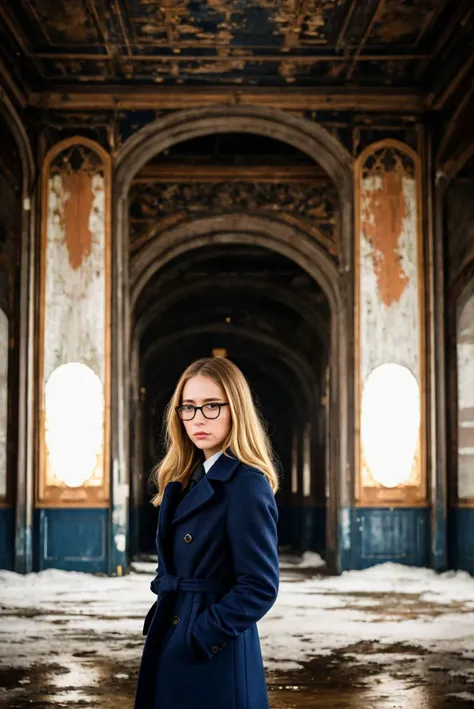 A full color portrait of a beautiful woman, wearing a navy blue coat, decaying theater, glasses, epic character composition,by ilya kuvshinov, alessio albi, nina masic,sharp focus, subsurface scattering, f2, 35mm, film grain ,blonde <lora:CarterCr:1>