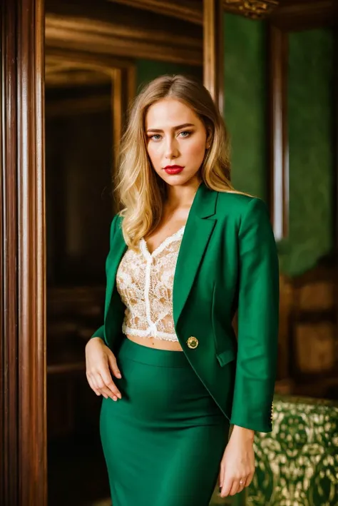 A stunning intricate full color portrait of a beautiful woman, wearing an emerald green pencil skirt and matching blazer, forgotten mansion, lipstick, epic character composition,by ilya kuvshinov, alessio albi, nina masic,sharp focus, subsurface scattering, f2, 35mm, film grain ,blonde <lora:CarterCr:1>