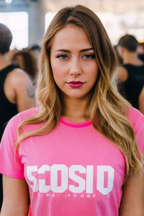 A full color portrait of a beautiful woman, wearing a pink t-shirt, full comic con, crowded, lipstick, epic character composition,by ilya kuvshinov, alessio albi, nina masic,sharp focus, subsurface scattering, f2, 35mm, film grain ,blonde <lora:CarterCr:1>