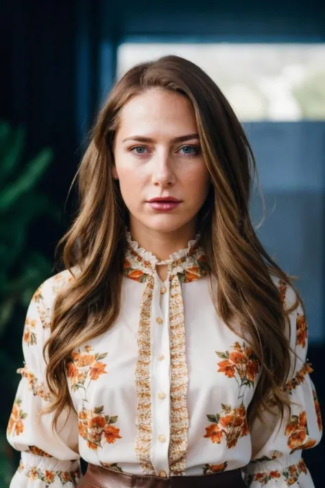 A stunning intricate full color portrait of a woman,wearing a floral high neck blouse, happy, epic character composition,by ilya kuvshinov, alessio albi, nina masic,sharp focus, natural lighting, subsurface scattering, f2, 35mm, film grain, full body in the picture <lora:CarterCr:1>