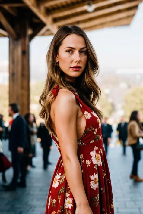 A stunning intricate full color portrait of a woman,wearing a floral dress, crowded fairground, happy, epic character composition,by ilya kuvshinov, alessio albi, nina masic,sharp focus, natural lighting, subsurface scattering, f2, 35mm, film grain, portait, closeup, very detailed skin texture <lora:CarterCr:1>