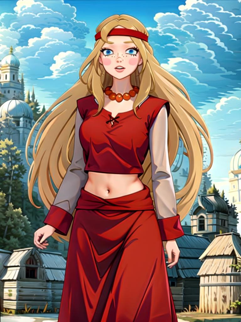 A woman in a red dress standing in front of a castle - SeaArt AI