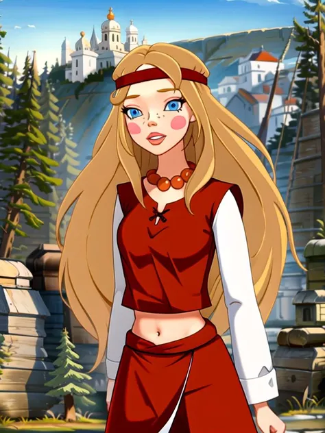 (((highliest-professional-exactly-matching-photo-real-life))) (((outdoors, nature))) <lora:alyonushka:1> alyonushka, 1girl, long hair, blonde hair, solo, blue eyes, jewelry, headband, necklace, freckles, blush, dress, parody, bead necklace, navel, looking at viewer, parted lips, long sleeves, pearl necklace, red dress, medium breasts, lips, midriff, blush stickers
