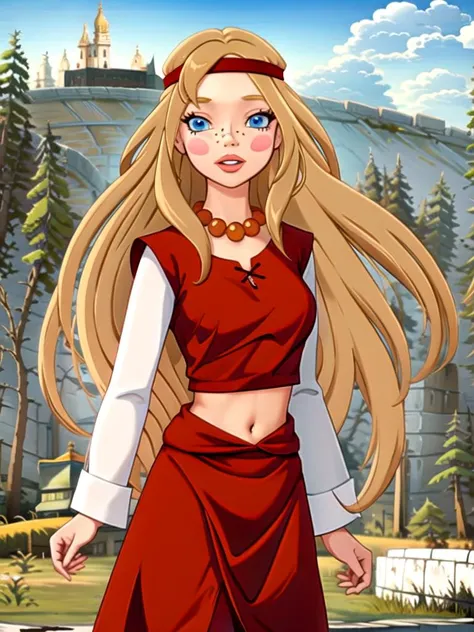 (((highliest-professional-exactly-matching-photo-real-life))) (((outdoors, nature))) <lora:alyonushka:1> alyonushka, 1girl, long hair, blonde hair, solo, blue eyes, jewelry, headband, necklace, freckles, blush, dress, parody, bead necklace, navel, looking at viewer, parted lips, long sleeves, pearl necklace, red dress, medium breasts, lips, midriff, blush stickers