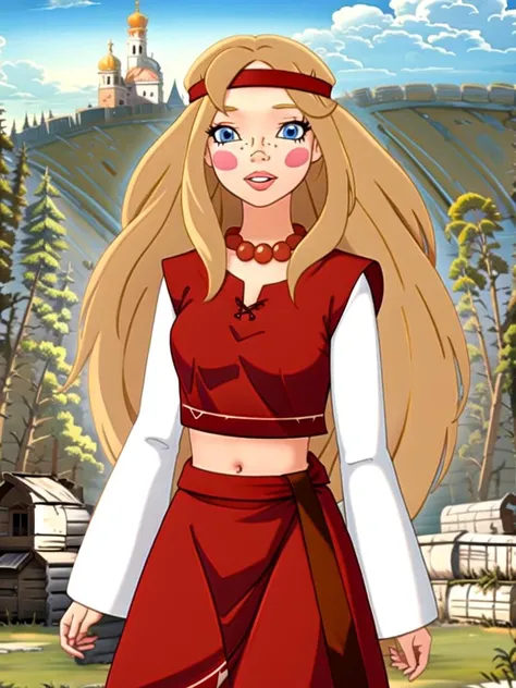 (((highliest-professional-exactly-matching-photo-real-life))) (((outdoors, nature))) <lora:alyonushka:1> alyonushka, 1girl, long hair, blonde hair, solo, blue eyes, jewelry, headband, necklace, freckles, blush, dress, parody, bead necklace, navel, looking at viewer, parted lips, long sleeves, pearl necklace, red dress, medium breasts, lips, midriff, blush stickers