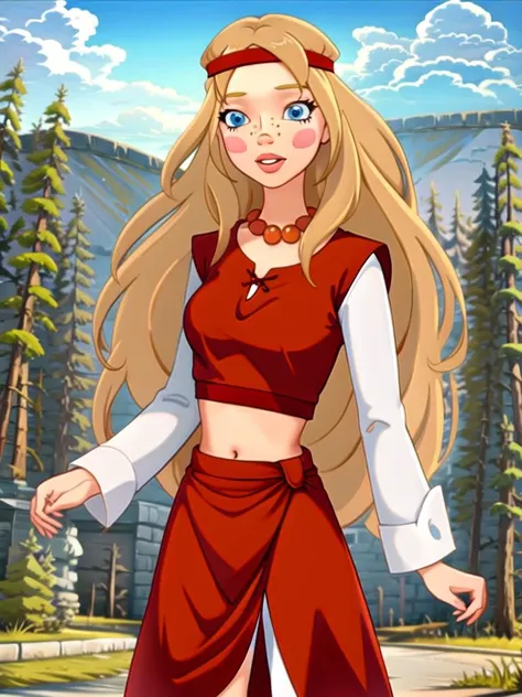 (((highliest-professional-exactly-matching-photo-real-life))) (((outdoors, nature))) <lora:alyonushka:1> alyonushka, 1girl, long hair, blonde hair, solo, blue eyes, jewelry, headband, necklace, freckles, blush, dress, parody, bead necklace, navel, looking at viewer, parted lips, long sleeves, pearl necklace, red dress, medium breasts, lips, midriff, blush stickers
