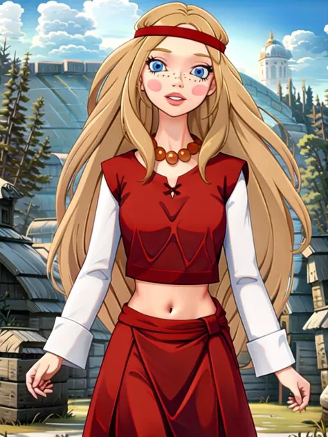 (((highliest-professional-exactly-matching-photo-real-life))) (((outdoors, nature))) <lora:alyonushka:1> alyonushka, 1girl, long hair, blonde hair, solo, blue eyes, jewelry, headband, necklace, freckles, blush, dress, parody, bead necklace, navel, looking at viewer, parted lips, long sleeves, pearl necklace, red dress, medium breasts, lips, midriff, blush stickers
