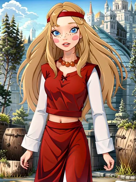 (((highliest-professional-exactly-matching-photo-real-life))) (((outdoors, nature))) <lora:alyonushka:1> alyonushka, 1girl, long hair, blonde hair, solo, blue eyes, jewelry, headband, necklace, freckles, blush, dress, parody, bead necklace, navel, looking at viewer, parted lips, long sleeves, pearl necklace, red dress, medium breasts, lips, midriff, blush stickers