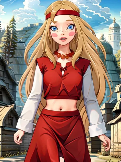 (((highliest-professional-exactly-matching-photo-real-life))) (((outdoors, nature))) <lora:alyonushka:1> alyonushka, 1girl, long hair, blonde hair, solo, blue eyes, jewelry, headband, necklace, freckles, blush, dress, parody, bead necklace, navel, looking at viewer, parted lips, long sleeves, pearl necklace, red dress, medium breasts, lips, midriff, blush stickers