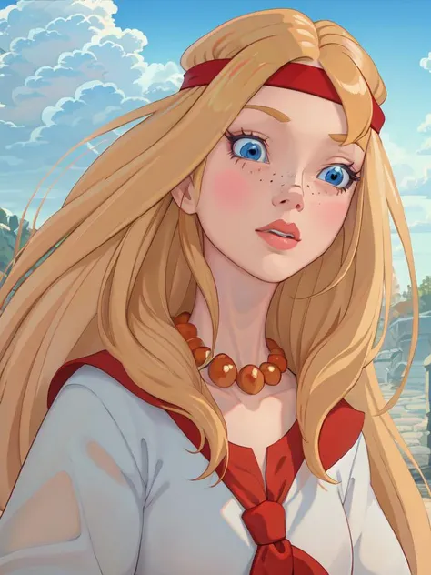 (anime), (illustration), cartoon, detailed, alyonushka, 1girl, solo, long hair, blue eyes, blonde hair, jewelry, sky, day, cloud, necklace, blue sky, lips, red headband, parody, blush stickers, freckles, <lora:alyonushka-20:0.5>
