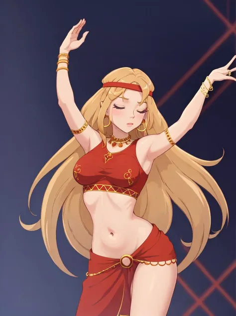 alyonushka, 1girl, solo, long hair, blonde hair, navel, jewelry, very long hair, closed eyes, earrings, midriff, arms up, bracelet, crop top, headband, hoop earrings, dancing, dancer, <lora:alyonushka-20:0.5>
masterpiece, best quality, , (thicc)