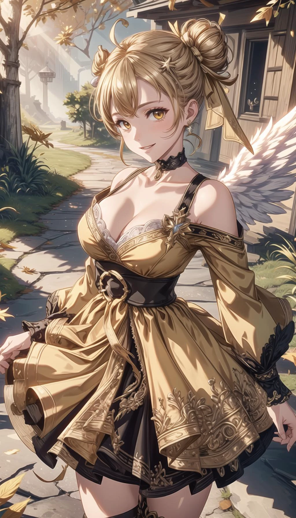 midasmagic, golden aura, RonMei, blonde hair, single hair bun, halo, hair ribbon, ahoge, orange dress, cleavage, angel wings, detailed background, autumn on bg, autumn trees on bg,
<lora:TowerOfGod_RonMei:0.6>, <lora:MidasMagic:0.4>, <lora:PAseer-SD15-LCM Quick:0.8>