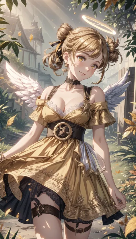 midasmagic, golden aura, RonMei, blonde hair, single hair bun, halo, hair ribbon, ahoge, orange dress, cleavage, angel wings, detailed background, autumn on bg, autumn trees on bg,
<lora:TowerOfGod_RonMei:0.6>, <lora:MidasMagic:0.4>, <lora:PAseer-SD15-LCM Quick:0.8>