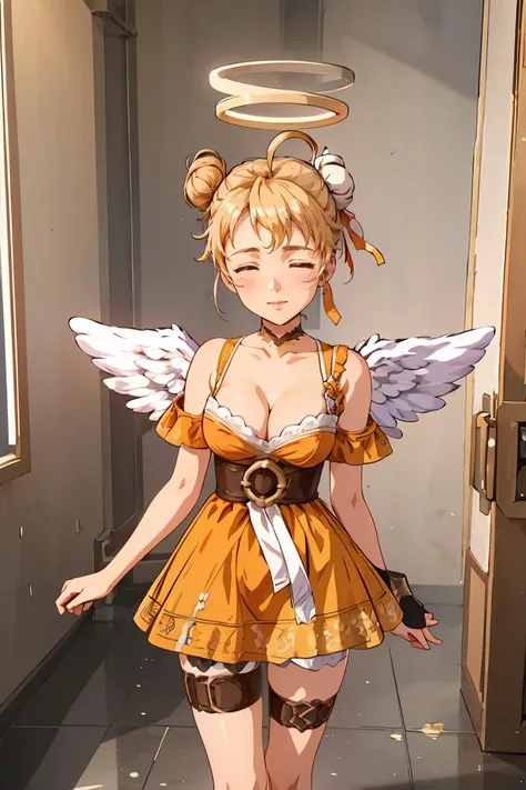 (masterpiece, best quality), 1girl, <lora:TowerOfGod_RonMei:0.8> RonMei, blonde hair, closed eyes, single hair bun, halo, hair ribbon, ahoge, orange dress, cleavage, angel wings, thigh strap