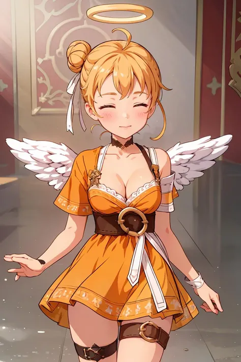 (masterpiece, best quality), 1girl, <lora:TowerOfGod_RonMei:0.8> RonMei, blonde hair, closed eyes, single hair bun, halo, hair ribbon, ahoge, orange dress, cleavage, angel wings, thigh strap