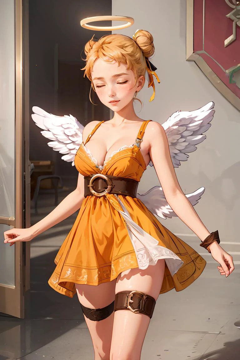(masterpiece, best quality), 1girl, <lora:TowerOfGod_RonMei:0.8> RonMei, blonde hair, closed eyes, single hair bun, halo, hair ribbon, ahoge, orange dress, cleavage, angel wings, thigh strap