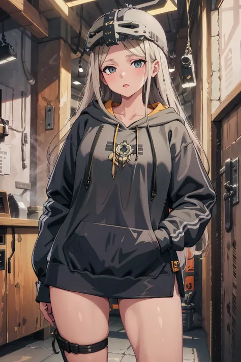 Highly detailed, High Quality, Masterpiece, beautiful, 1girl, centi \(nikke\), helmet, <lora:centi_nikke:0.9>, edgNoire, hoodie,  ([black dress, short skirt|hoodie]::0.5), <lora:Outfit_NoireHoodies:0.8>