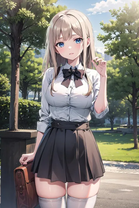 (masterpiece:1.2, Highest quality), (Realistic, photoRealistic:1.4), Beautiful illustrations,
Looking at the audience, whole body, Front view:0.6,
1 girl, Japanese, high School girl, (Long Hair:1.5), Hair fluttering, ((Hair Bun:1.5)), bangs, Hair between the eyes, Big Breasts:0.8,
Beautiful Hair, Beautiful Face, Beautiful and detailed, Beautiful clavicle, Beautiful body, Beautiful breasts, Beautiful thighs, Beautiful legs, Beautiful fingers,
(Beautiful views), , School,
((Collared short-sleeved shirt, White shirt, , Grey plaid pleated skirt, Blue checked bow tie)), White panties,
(Are standing, , Lift up the skirt, Grab the hem of your skirt, please put your hand on your chest, Place your hands between your legs),
blush, ,