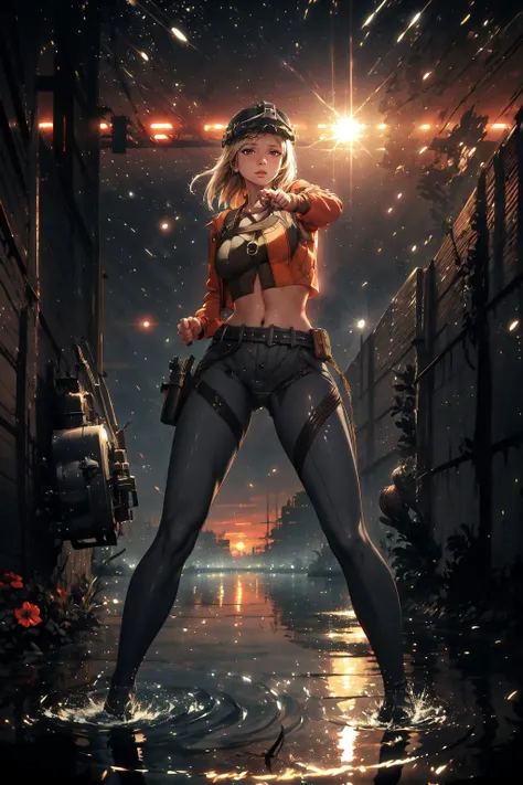 Highly detailed, High Quality, Masterpiece, beautiful, 1girl, centi \(nikke\), helmet, crop top, jacket, pants, belt, <lora:centi_nikke:0.9>, full body, wide shot, flower, water, solo, sunset, stylebuff, night, (dark environment), <lora:Style_DarkIncursioStyle:1>, <lora:Other_MoreDetails:0.5>, fighting stance, clenched hand,