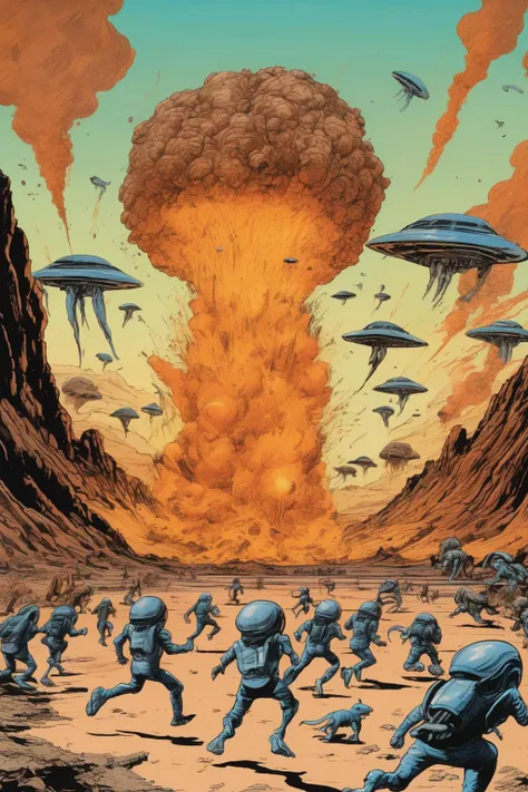 Josh Kirby Style - dozen unique scared animal-like aliens running and jumping around a big explosion in the center of an alien landscape drawn and colored in the style of Syd Mead