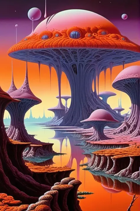 Picture a DMT trip as a journey through an alien landscape. The content is filled with strange, organic structures that pulse and flow, their forms constantly changing. The style is reminiscent of the fantastical landscapes of Roger Dean, with a touch of the surrealism of Salvador Dali. The lighting is otherworldly, with an alien sun casting long, strange shadows. The composition is wide-angle, capturing the vastness of the landscape and the smallness of the viewer within it. Use photo hyper-realism, highly detailed, and high-resolution 16k. , <lora:Josh Kirby Style:1> Josh Kirby Style page