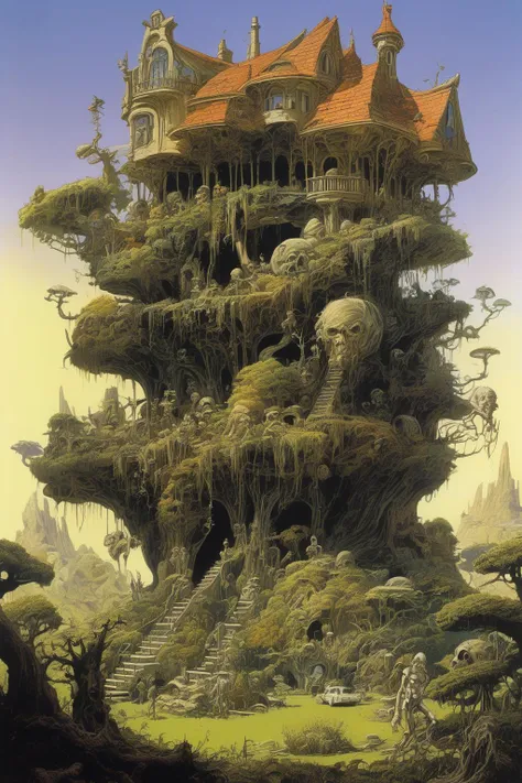 Josh Kirby Style - realm of a mad god, and a futuristic house with a yard full of plants and trees, and zombies by Roger Dean and Waldemar von Kozak.