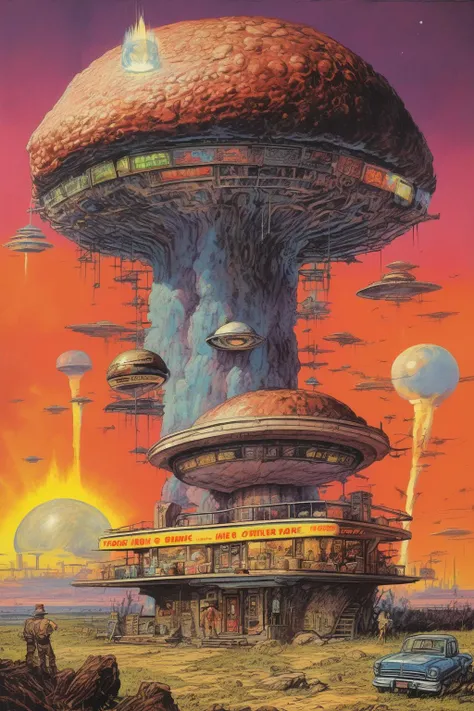 Josh Kirby Style - a burger house towering on a mystical planet with a postapocalytic, neon aesthetic, with atomic mushroom cloud in the backround, illustrated art by Jack Kirby.