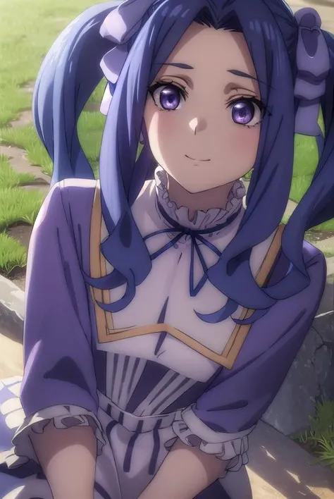 meltyqmelromarc, <lora:melty q melromarc s3-lora-nochekaiser:1>,
melty q melromarc, long hair, ribbon, twintails, blue hair, (purple eyes:1.1), hair ribbon, purple ribbon, (parted bangs:1.5), smile,
BREAK long sleeves, dress, frills, ribbon trim, purple dress,
BREAK outdoors, forest, nature, sun, sky, trees, clouds, grass,
BREAK looking at viewer, (cowboy shot:1.5),
BREAK <lyco:GoodHands-beta2:1>, (masterpiece:1.2), best quality, high resolution, unity 8k wallpaper, (illustration:0.8), (beautiful detailed eyes:1.6), extremely detailed face, perfect lighting, extremely detailed CG, (perfect hands, perfect anatomy),