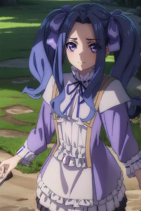 meltyqmelromarc, <lora:melty q melromarc s3-lora-nochekaiser:1>,
melty q melromarc, long hair, ribbon, twintails, blue hair, (purple eyes:1.1), hair ribbon, purple ribbon, (parted bangs:1.5), smile,
BREAK long sleeves, dress, frills, ribbon trim, purple dress,
BREAK outdoors, forest, nature, sun, sky, trees, clouds, grass,
BREAK looking at viewer, (cowboy shot:1.5),
BREAK <lyco:GoodHands-beta2:1>, (masterpiece:1.2), best quality, high resolution, unity 8k wallpaper, (illustration:0.8), (beautiful detailed eyes:1.6), extremely detailed face, perfect lighting, extremely detailed CG, (perfect hands, perfect anatomy),