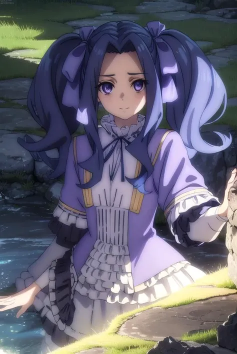 meltyqmelromarc, <lora:melty q melromarc s3-lora-nochekaiser:1>,
melty q melromarc, long hair, ribbon, twintails, blue hair, (purple eyes:1.1), hair ribbon, purple ribbon, (parted bangs:1.5), smile,
BREAK long sleeves, dress, frills, ribbon trim, purple dress,
BREAK outdoors, forest, nature, sun, sky, trees, clouds, grass,
BREAK looking at viewer, (cowboy shot:1.5),
BREAK <lyco:GoodHands-beta2:1>, (masterpiece:1.2), best quality, high resolution, unity 8k wallpaper, (illustration:0.8), (beautiful detailed eyes:1.6), extremely detailed face, perfect lighting, extremely detailed CG, (perfect hands, perfect anatomy),