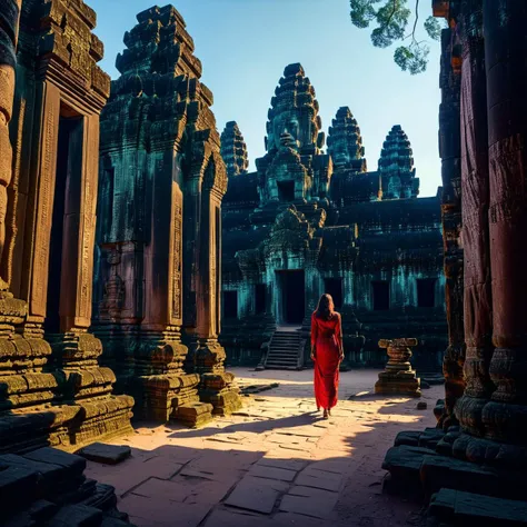 (((In an ancient temple complex with Angkor Wat in the background))), volumetric lighting, vibrant colors, 4k epic detailed, shot on kodak, 35mm photo, sharp focus, high budget, cinemascope, moody, epic, gorgeous, film grain, grainy, low key photography, dramatic lighting, intense emotions, cinematic feel, mysterious ambiance, emphasizing shape and form, creating depth, evoking drama, storytelling through shadows, professional technique,professional lighting, imaginative concept, creative styling, otherworldly aesthetic, surreal visual, captivating narrative, intricate detail, fantastical landscape, editorial storytelling, professional lighting, creating visual impact, evoking emotion, pushing creative boundaries <lora:add-detail-xl:2> <lora:Cosine_freck:1>