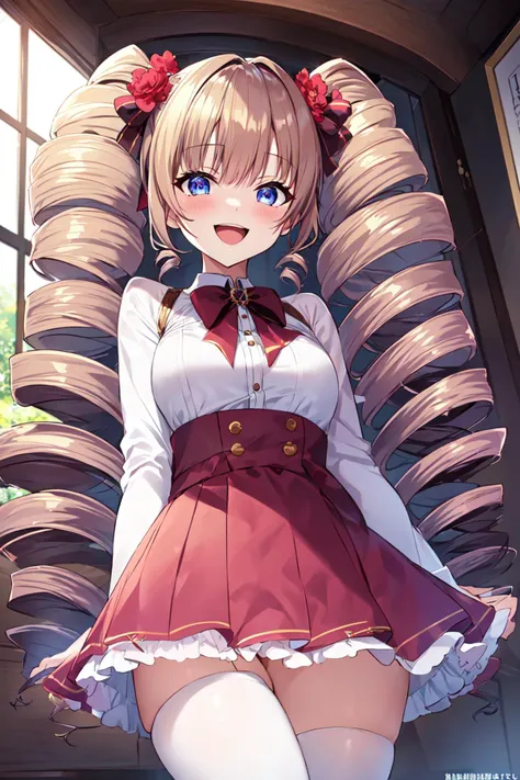 8k, highly detailed, anime, solo, 1girl, (mega twin drills), (big hair), ((ojou-sama pose)), ((laughing)), school uniform, standing, from below <lora:mega_twin_drills-1.0r8:0.8>