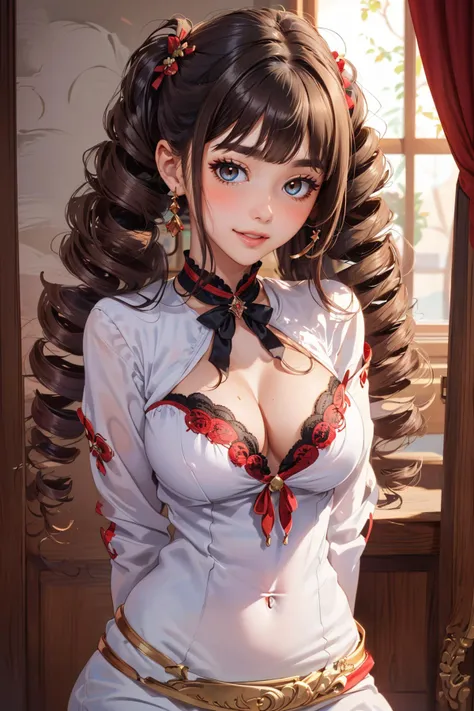 masterpiece, 1girl, 22 years old, Wide , ,  smile, , (blush:1.3),
shining skin, shining body, (shiny skin:1.2), (mid shot:1.2), (1girl:1.4), (fantasy:1.5), (big hair:1.2), (very long hair:1.3), mega twin drills, asymmetrical bangs, very long bangs, dress, short dress, plunging neckline, <lora:mega_twin_drills-1.0r8:0.8>
midriff, cleavage, arms behind back, 
<lora:MilaAzul_2.0:0.9>