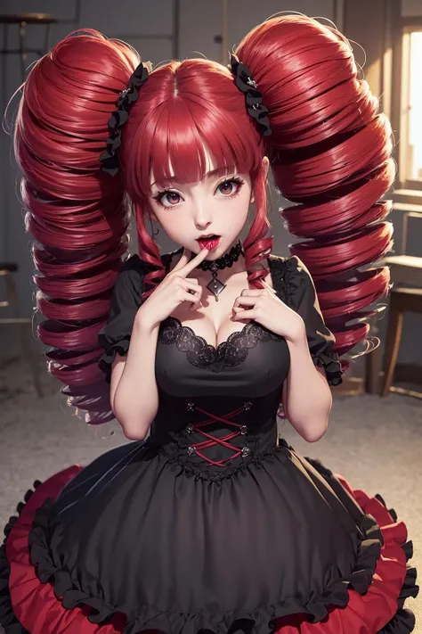 8k, highly detailed, anime, solo, 1girl, ((mega twin drills)), ((big hair)), gothic, (large dress), (very long dress), ruffles, vampire, fangs, finger to mouth, hungry look, ((gothic black and red dress)), cross <lora:mega_twin_drills-1.0r8:0.8>