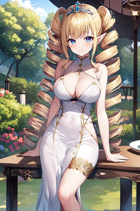 8k, highly detailed, anime, solo, 1girl, mega twin drills, ((big hair)), very long hair, queen, blonde hair, elf, garden, sitting at white outdoor tea table, tiara, sheer elven dress, flirty <lora:mega_twin_drills-1.0r8:0.8>