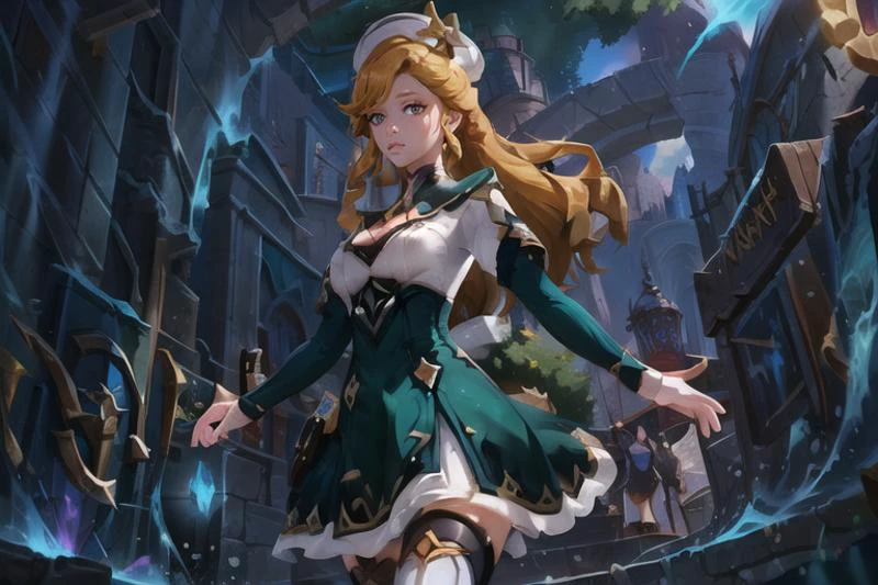 (masterpiece, best quality),(depth) of (field), <lora:OpheliaGenshinImpact:0.7>OpheliaGenshinImpact,1girl, long hair, hat, dress, <lora:LoL Splash V2:0.75>league of legends, lol, splash art,, adult