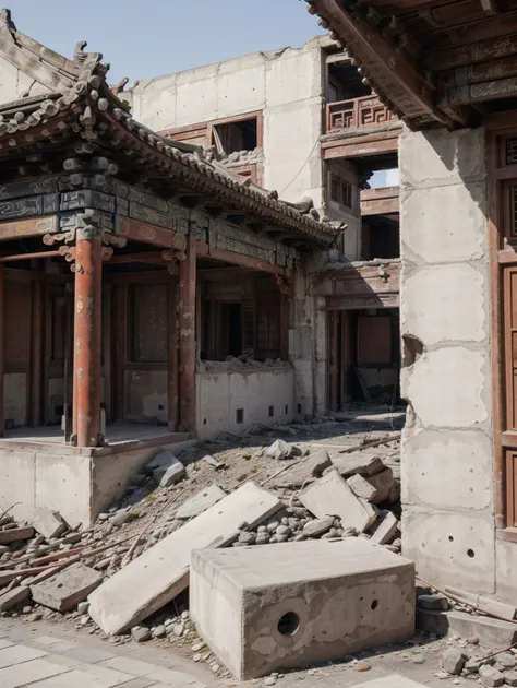 ruinedarchi, ruined building, cnarchi, photo realism, traditional chinese architecture, temple, <lora:ruinedarchi:0.3>, <lora:chinese_architecture_v1:0.6>